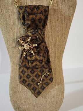Upcycled Necktie Necklace with Vintage Star Brooches n Chain Necklace Blue Gold